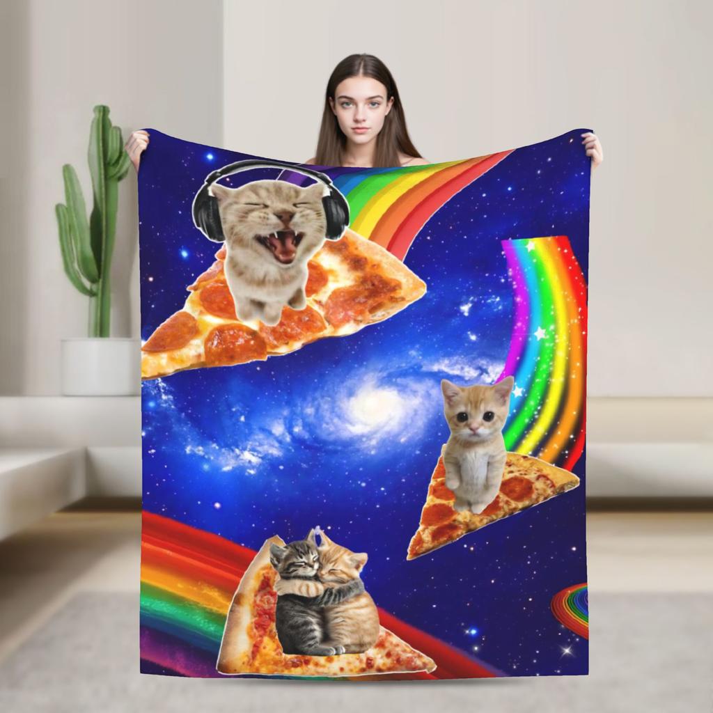 Outer Space Pizza Cat Rainbow Laser Eyes Blanket Flannel Winter Portable Soft Throw Blanket for Bedding