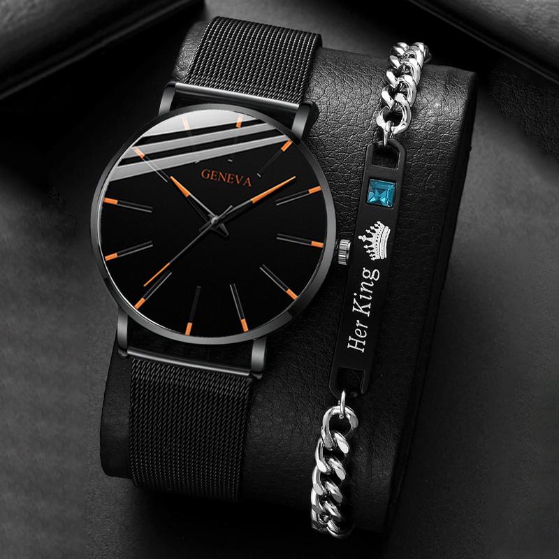 GENEVA 2 шт./комплект, элегантные модные мужские круглые кварцевые часы и браслет, идеи подарков для мужчин