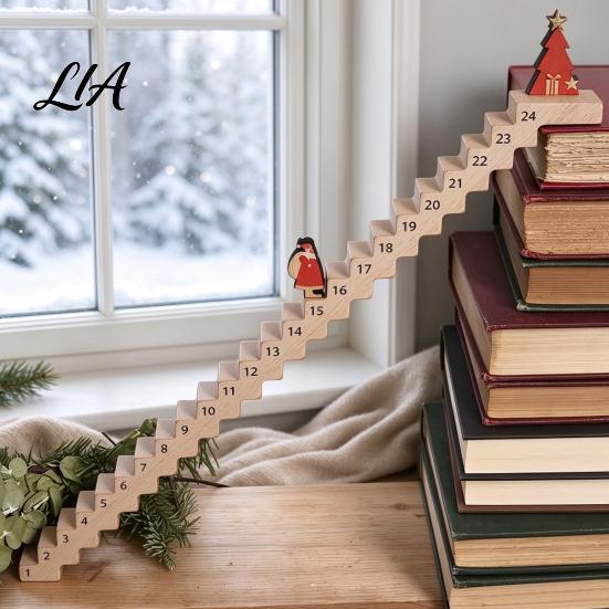 Santa Claus Tabletop Ornament Christmas Staircase Countdown Calendar, Wooden with Advent Calendar for Home Doll, 24 Days Holiday Bookshelf Display