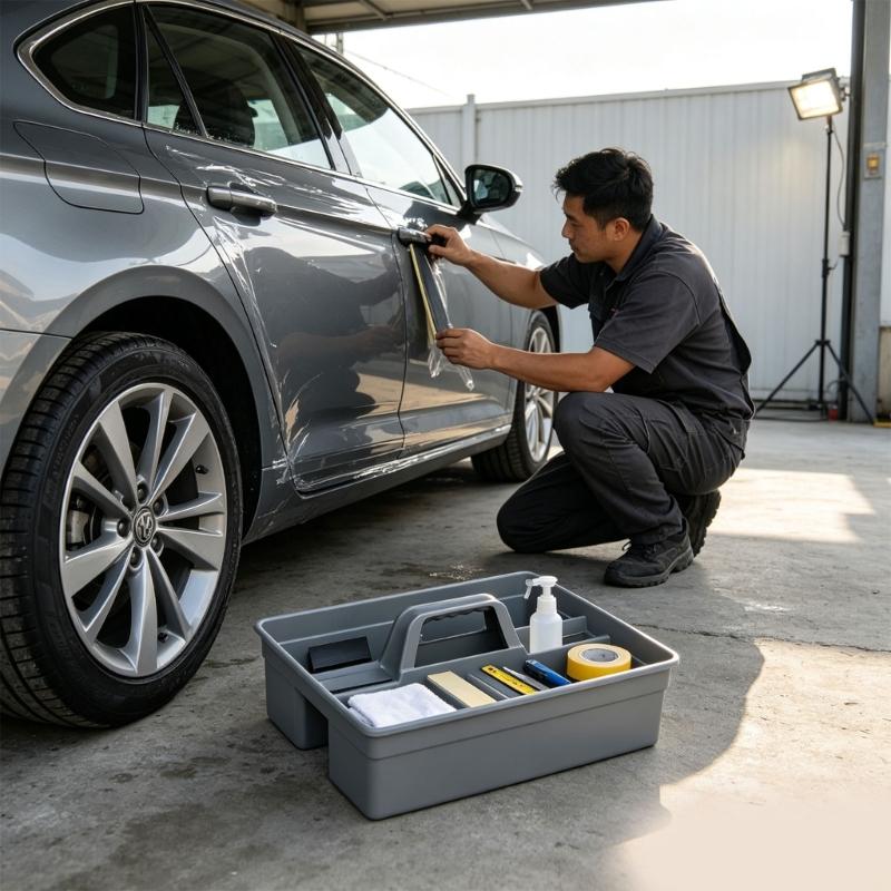 Cleaning Supply Tray Open Top Plastic Tool Storage Box With Center Slots and Carry Handle for Household Tasks, Detailing Gear, and Garage Use