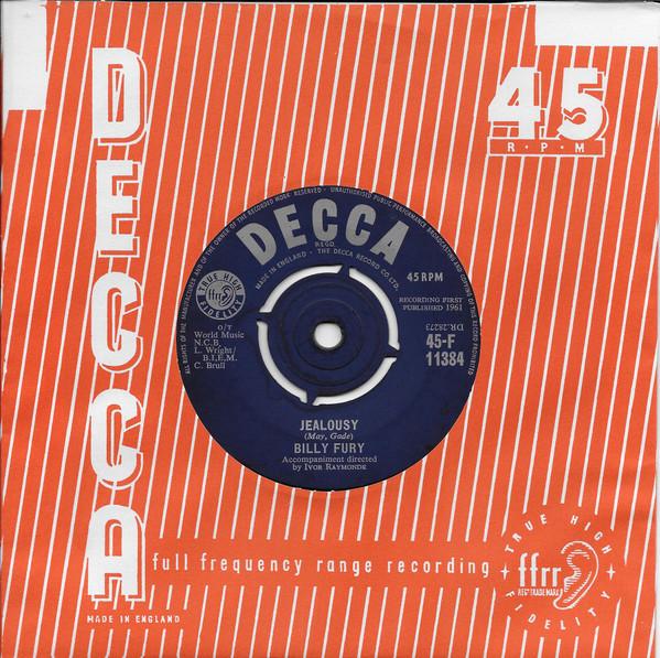 7-дюймовая пластинка BILLY FURY Jealousy 45F11384 Decca 1961 UK Rock Б/у