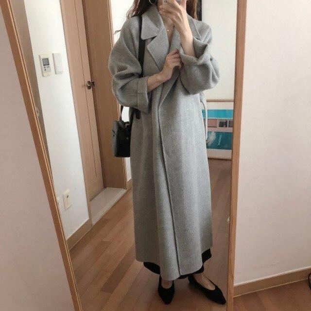 Высокое качество, осенне-зимний новый женский повседневный шерстяной плащ, длинное пальто большого размера с поясом, теплая кашемировая верхняя одежда