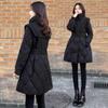 2023 New Women's Winter Slim Fit Waist Mid Length Coat Navy Collar Black Slim Coat Thickened Coat