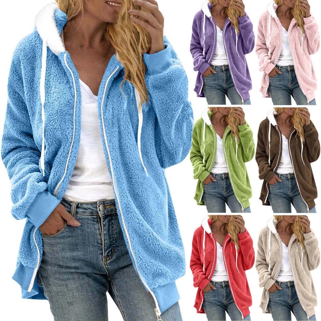 Women's Loose Large Size Plush Multicolor Paneled Hooded Zip Jacket