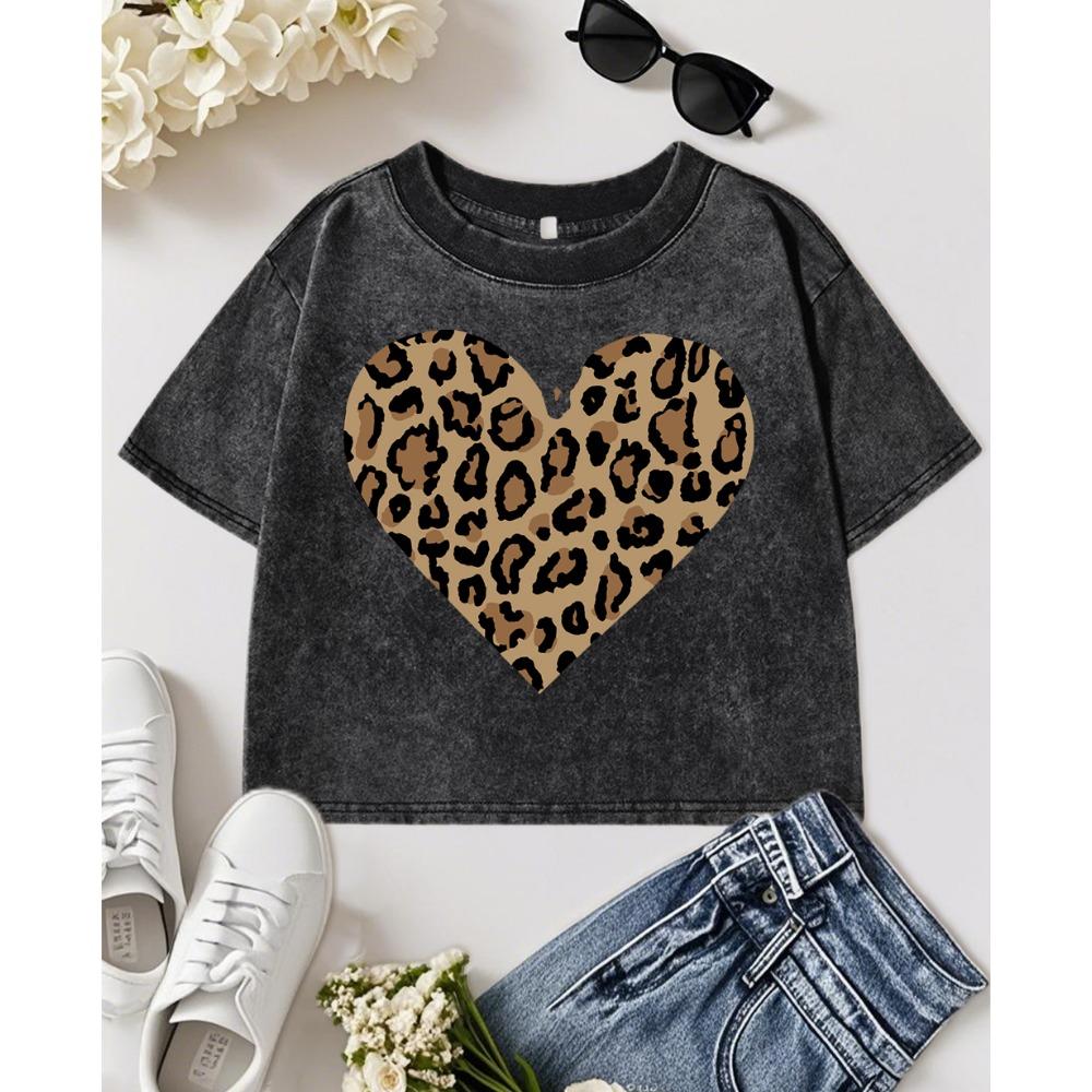 Simple Leopard Print Heart Printing Women Washed T Shirts Trendy Casual T-Shirts Short Sleeve Cotton Crop Tops