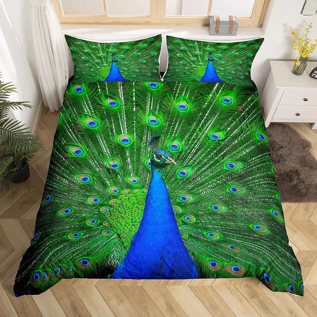 Peacock Duvet Cover Set Elegant Gorgeous Blue Feather Comforter Cover Girls Women Pink Flower Birds Animal Polyester Qulit Cover