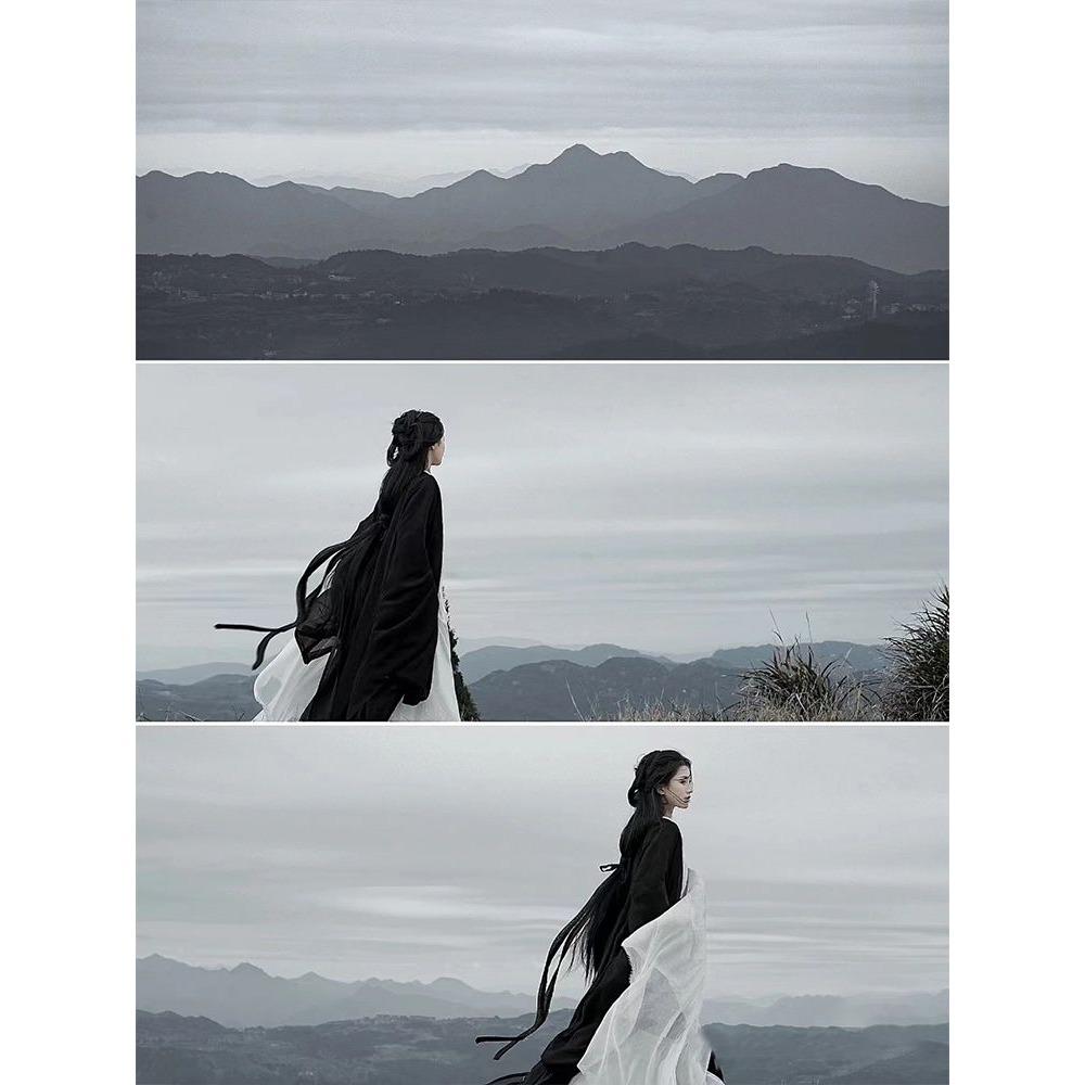 Китайская династия Вэй и Цзинь, стиль Ханфу, женская черная рубашка с большим рукавом и перекрестным воротником, полный комплект