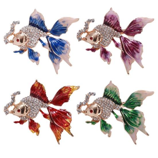 Брошь «Золотая рыбка» Декор со стразами Градиент контрастного цвета Реалистичная форма рыбы 3D Цветная нержавеющая сталь Роскошь