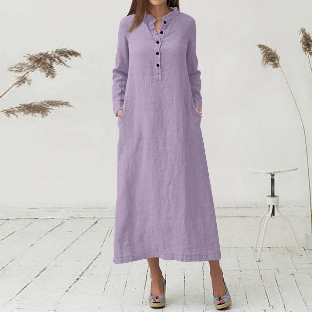 Женские однотонные повседневные макси-длинные платья-рубашки с длинными рукавами и карманами