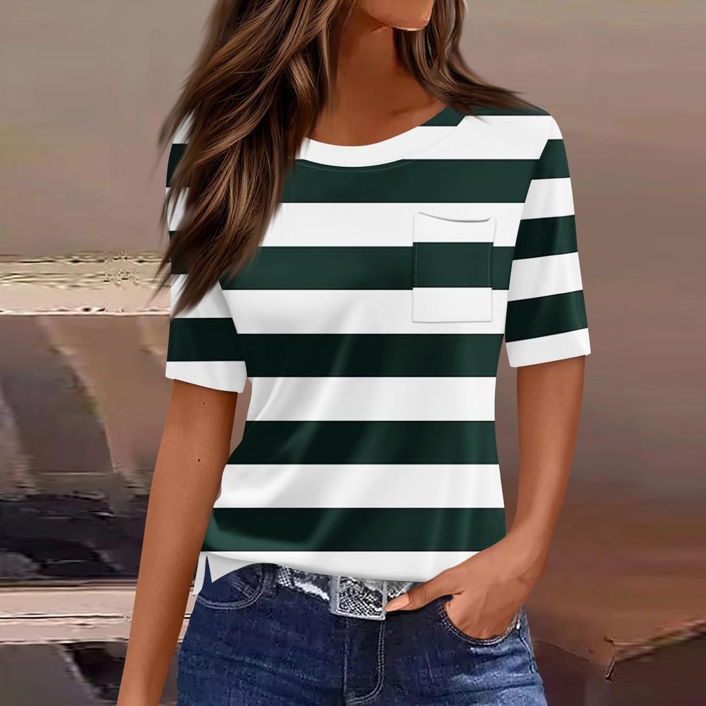 T Shirts For Women Pleated Round Neck Dressy Casual Blouses Printing Short Sleeve Summer Tops Loose Fit