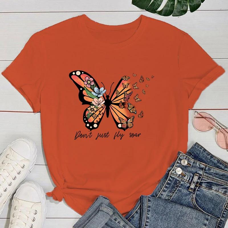 (Премиум-футболка)Новые женские летние футболки с надписью Butterfly Don't Just Fly Soar, повседневные футболки с коротким рукавом