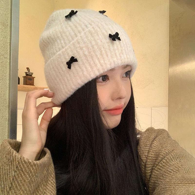 Милая и милая вязаная шерстяная шапка с бантом, детская осенне-зимняя универсальная маленькая утолщенная теплая холодная шапка