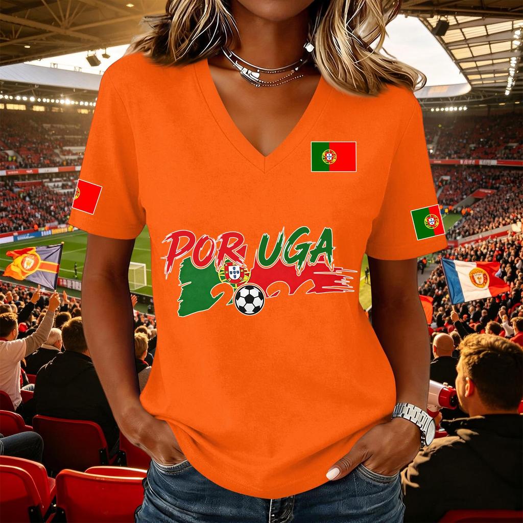 Women V Neck Pullover T Shirt Short Sleeve Casual Soccer Flag Print Top Supporter Jersey Tee for Game Day Wear
