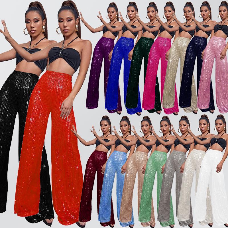Женские брюки с пайетками с высокой талией и широкими штанинами - Европейская и американская мода