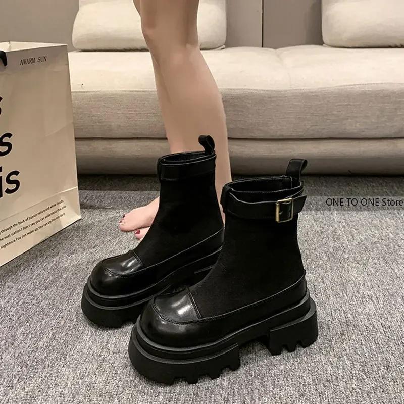 Женские ботильоны на толстой платформе и среднем каблуке, модная кожаная обувь для женщин, зима 2025, тренд, повседневная, готическая, челси, Botas Mujer