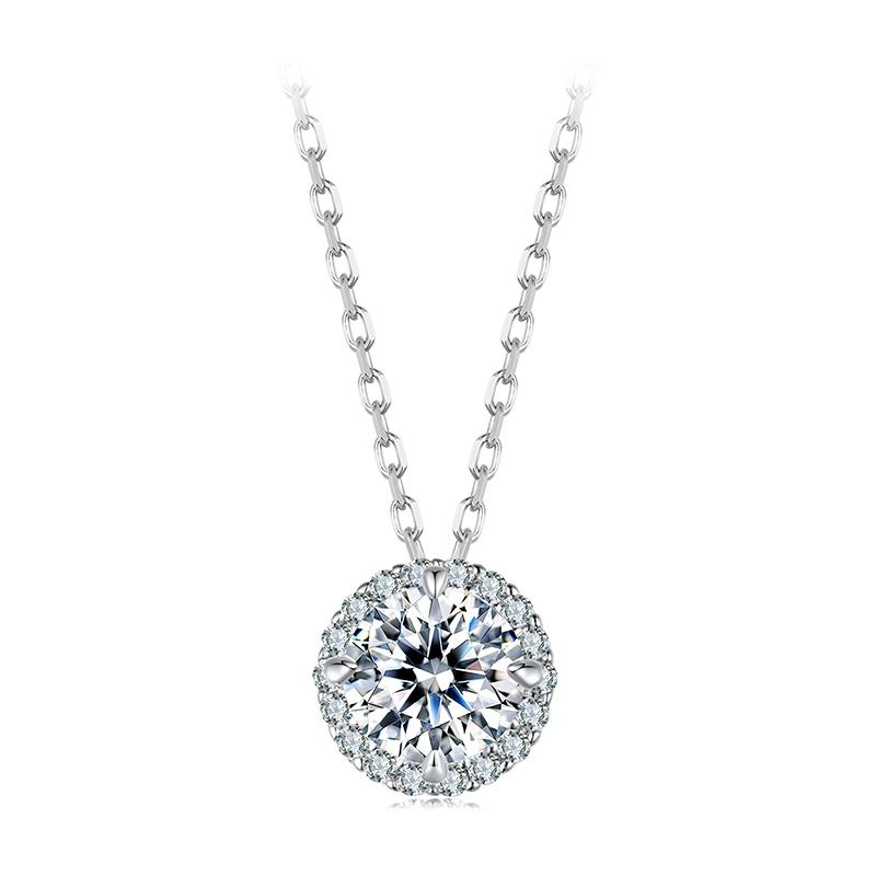 Sterling Silver Round Halo Moissanite Necklace, White Gold Plated Classic Elegant Necklace Engagement Jewellry Gift