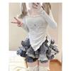 Kawaii Sweet Harajuku Tees Top Women Japanese Fashion Y2k Irregular Ruffles Cute Rabblit Print Slim T-Shirts Soft Gril