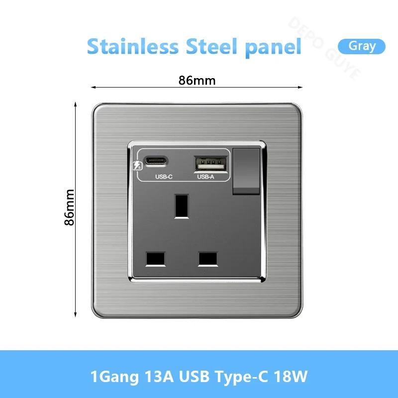 Universal Wall Light Switch Brushed Stainless Steel Panel,UK Type-c 18W Quick Charging Socket 220V Double USB Electrical Outlet