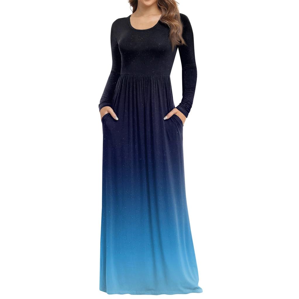 Женское модное повседневное платье с круглым вырезом и длинными рукавами с карманами