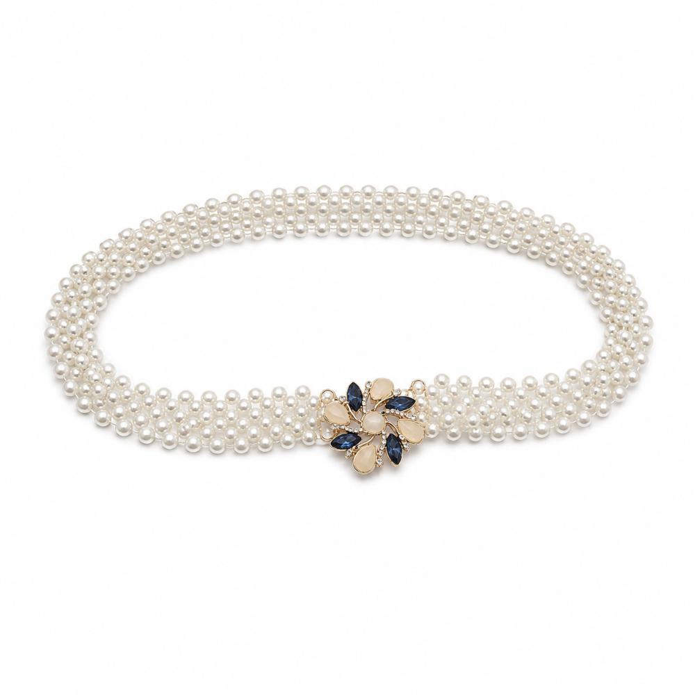 White Imitation Pearl Elastic Belt Metal Waist Chain New Beaded Belt Party Accessories