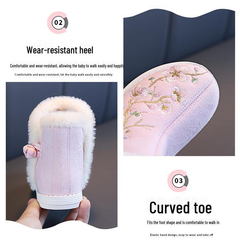 Зимние сапоги для девочек из бархата 2024 года — зимняя обувь в стиле ханьфу с вышивкой для детей