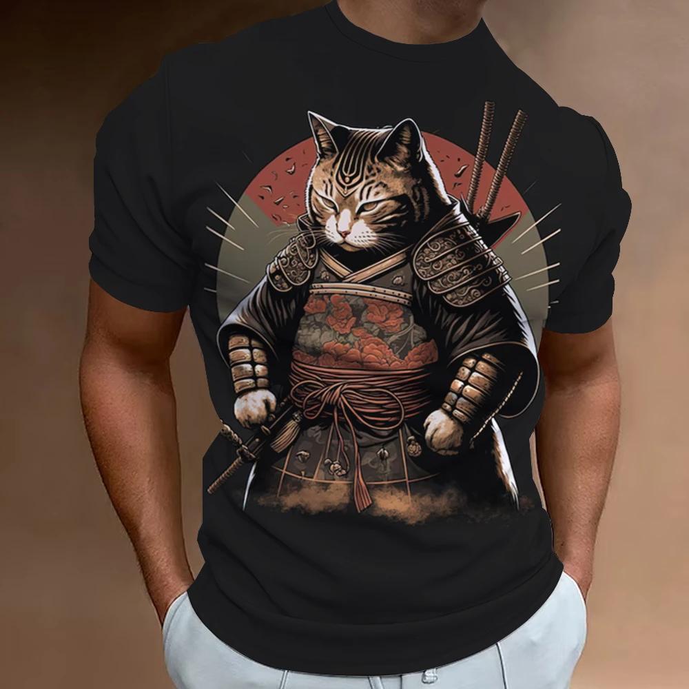 New Retro Men 2024 Fashion Oversized Men's Clothing Quick Drying T-shirt Top T-shirt 3d Samurai Cat Print Short Sleeve T-shirt