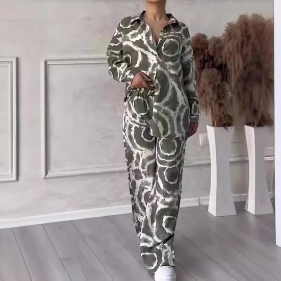 2 шт./комплект женский рубашка брюки комплект домашняя одежда наряд с принтом отложной воротник длинный рукав топ широкие брюки эластичный пояс свободные брюки одежда для поездок на работу