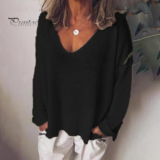 Women T-shirt V-Neck Long Sleeve Loose Fit Tee Shirt Solid Color Breathable Casual Pullover Tops Daily Wear