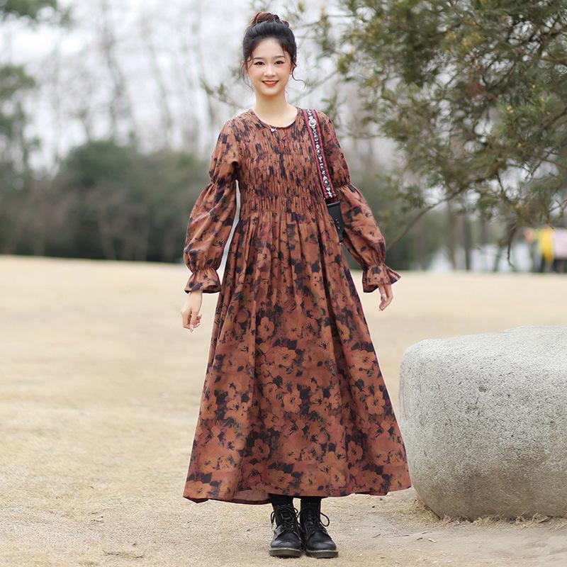 Johnature Женское осеннее платье с длинными рукавами и принтом, свободное платье в стиле ретро с круглым вырезом и рукавами-фонариками