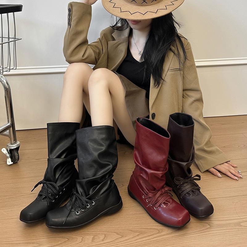 Vintage Western Pile Boots Women's New Autumn Versatile Folded Boots Straps Square Head Knight Boots