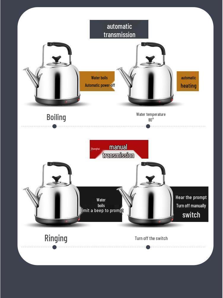 Электрический чайник из нержавеющей стали большой емкости с автоотключением и свистком