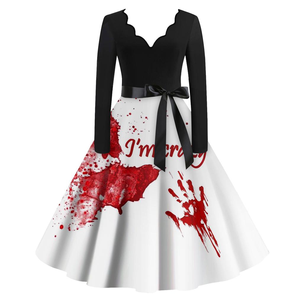 Женские повседневные модные винтажные длинные платья с длинным рукавом на Хэллоуин и графическим принтом