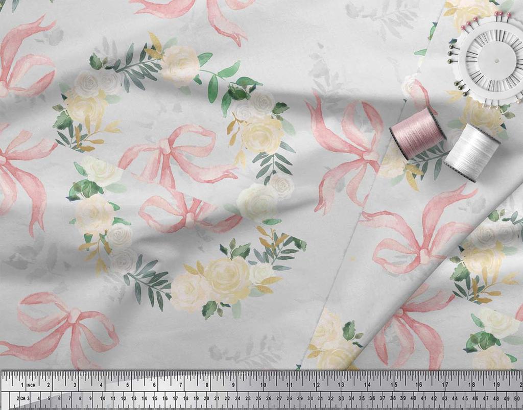 Soimoi Зеленая лента из креповой ткани и венок из белой розы Цветочные принты на ткани по метрам 42 дюйма