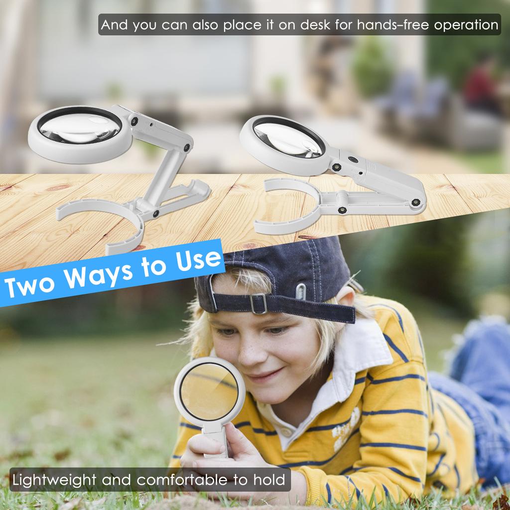 5X/10X Handheld Desk Magnifier with LED Light and Stand USB Powered Illuminated Magnifying Glass
