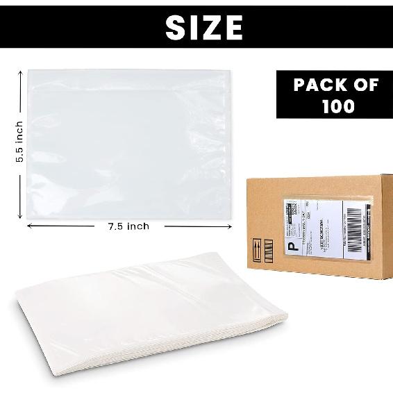 Shipping Label Sleeves 100Pcs, 7.5x5.5 Inches - Packing Slip Envelope Pouches with Self-Adhesive Peel & Seal - Clear Plastic & Waterproof Envelopes