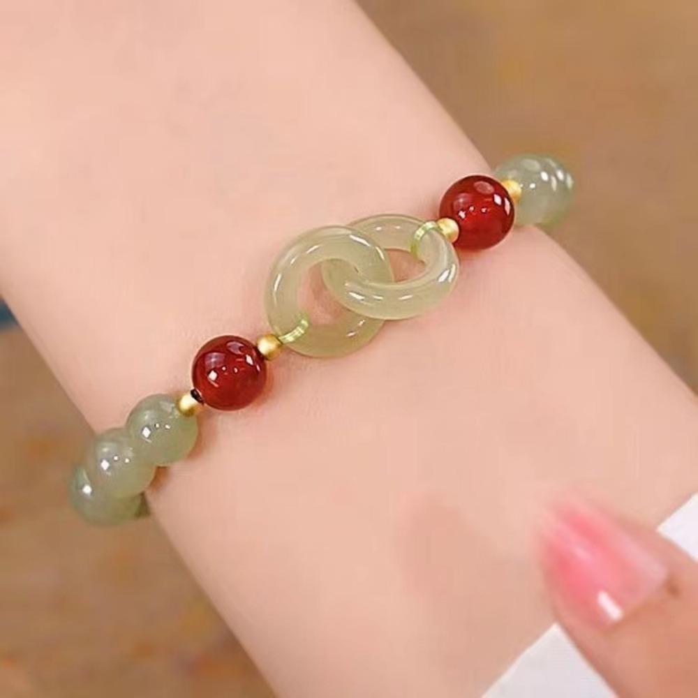 Heart Buckle Chalcedony Bead Bracelet Double Ring Design Bangle Jewelry  Women Accessories