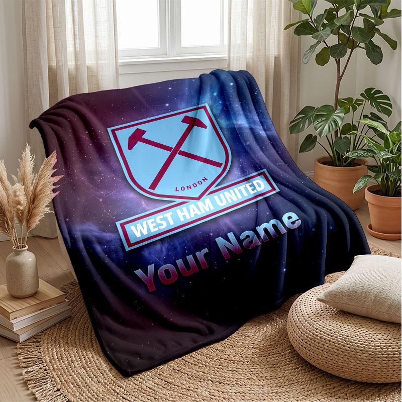 West Ham United FC Custom Name Text Flannel Blanket Soccer Logo Personalized Fleece Throw Blanket Special Gift For Sofa Bedroom Home