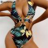 Sexy Leaves Printed Cut Out Women Swimwear One Piece Swimsuit Female High Leg Cut Monokini Bather Bathing Suit Swim Lady