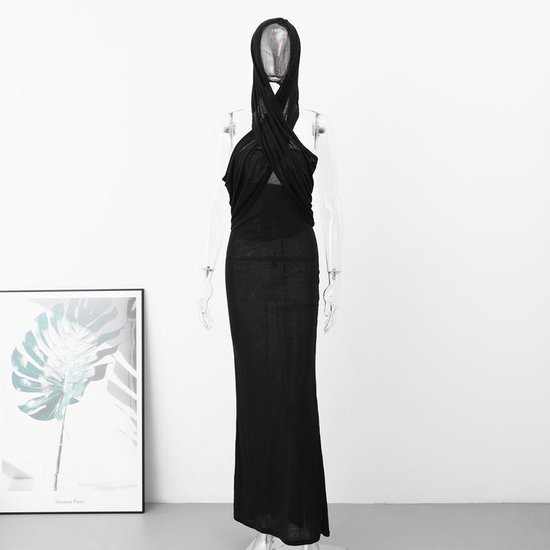 Прозрачное платье с капюшоном Сексуальные узкие длинные платья с открытой спиной Женские 2023 Элегантное платье-футляр Maxi Vestido с круглым вырезом и высокой талией Slim Fit Цельное платье