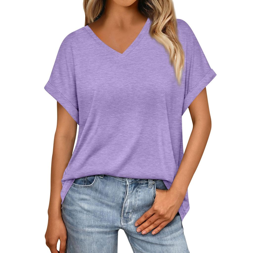 Women's Summer Fashion Solid Color V-Neck Loose Short Sleeve T-Shirt Top