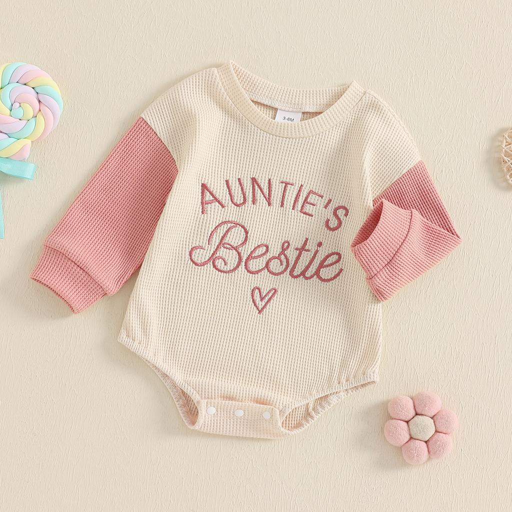Baby Girl Romper Long Sleeve Round Neck Letter Embroidery Waffle Bodysuit Little Girl Outfit