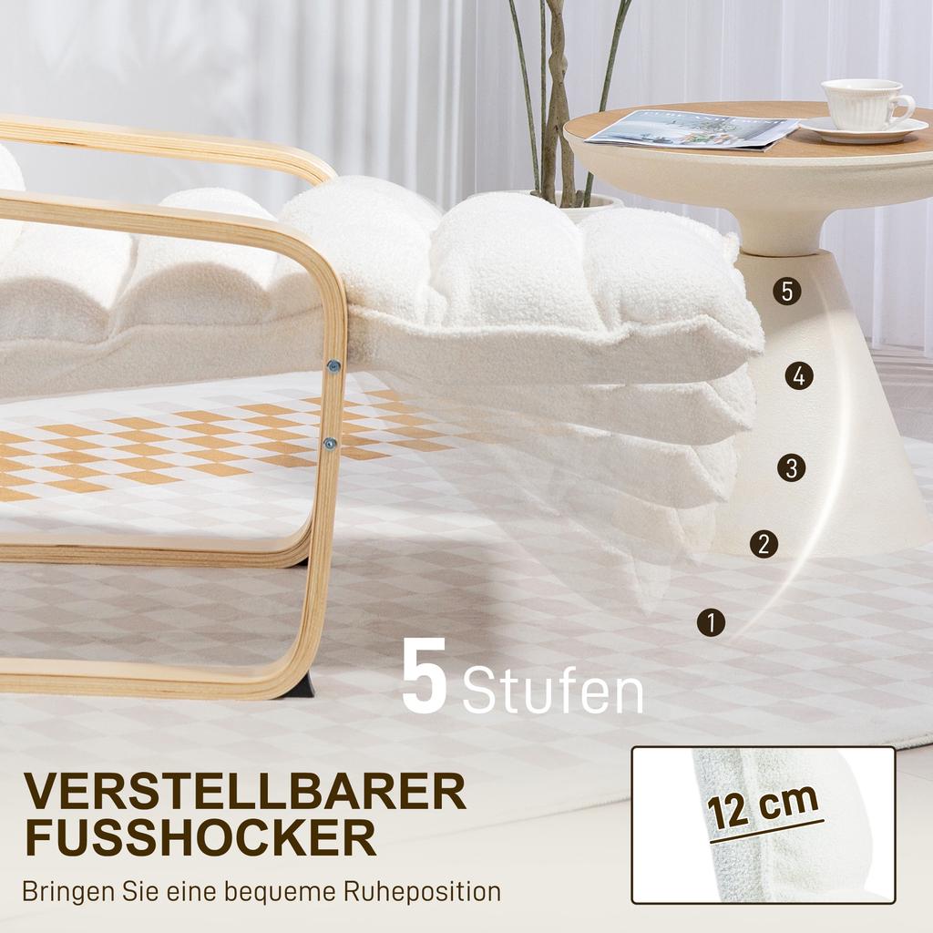Lounge Chair Made of Birch Wood, Upholstered Armchair, Adjustable Footrest, White