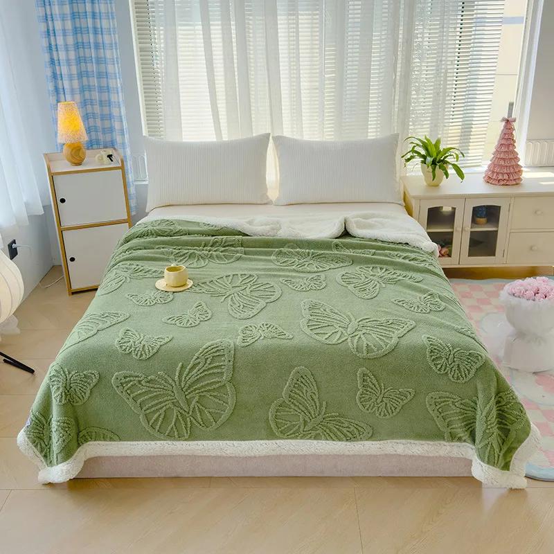 Однотонное жаккардовое многофункциональное одеяло с бабочками, флисовое одеяло, одеяло из молочного флиса, теплое повседневное покрывало