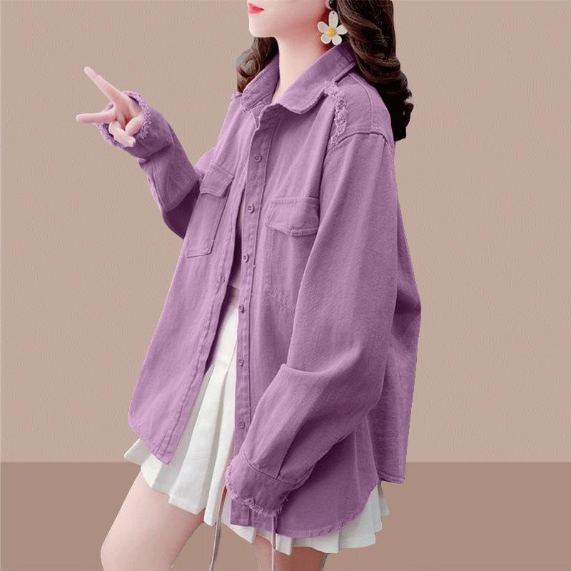 Ранняя весна Молодежная и элегантная многослойная куртка для женщин с воротником и карманом Простая однотонная джинсовая рубашка