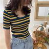 Корейская энергичная летняя облегающая и универсальная цветная полосатая трикотажная рубашка с круглым вырезом и короткими рукавами
