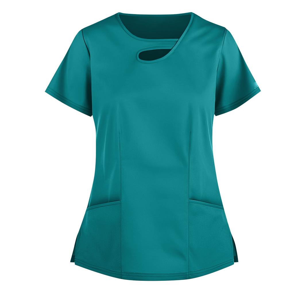 (Куниде) Женский однотонный топ с карманами и карманами с короткими рукавами и V-образным вырезом