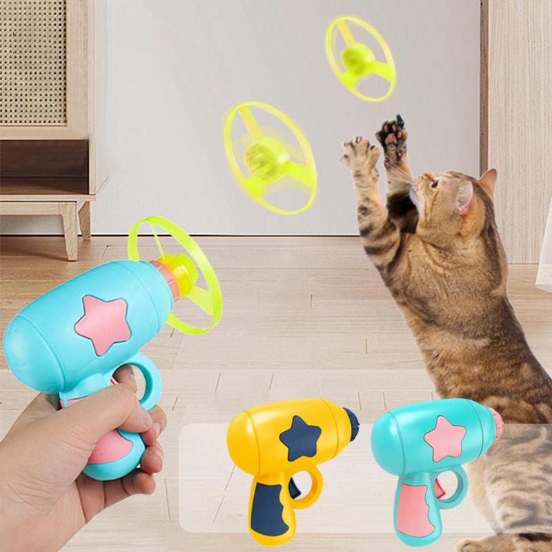 Cat Toy Launch Gun Flying Saucer Rotating Gyro Launcher Cats Chasing Plaything Training Kitten Interactive Toys Pet Supplies