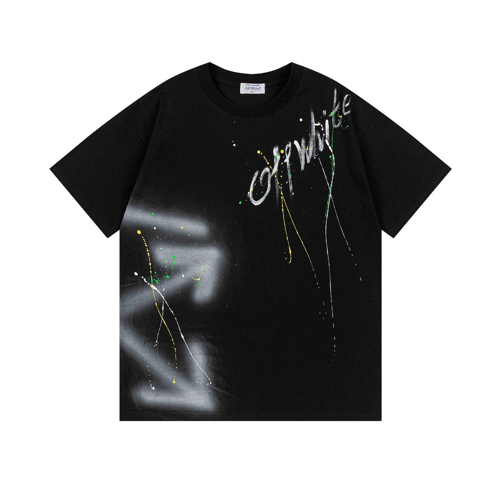 Off-White 2025 Spring/Summer New Style Inkjet Arrow Pattern Round Neck Hooded Short Sleeved Men's and Women's T-shirts