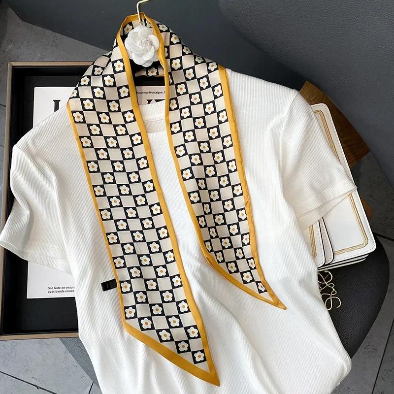 Women Silk Headbands Hair Ribbon Fashion Print 100x9.5cm Chic Skinny Tie Lady Bag Scarves Accessories Choker Bands