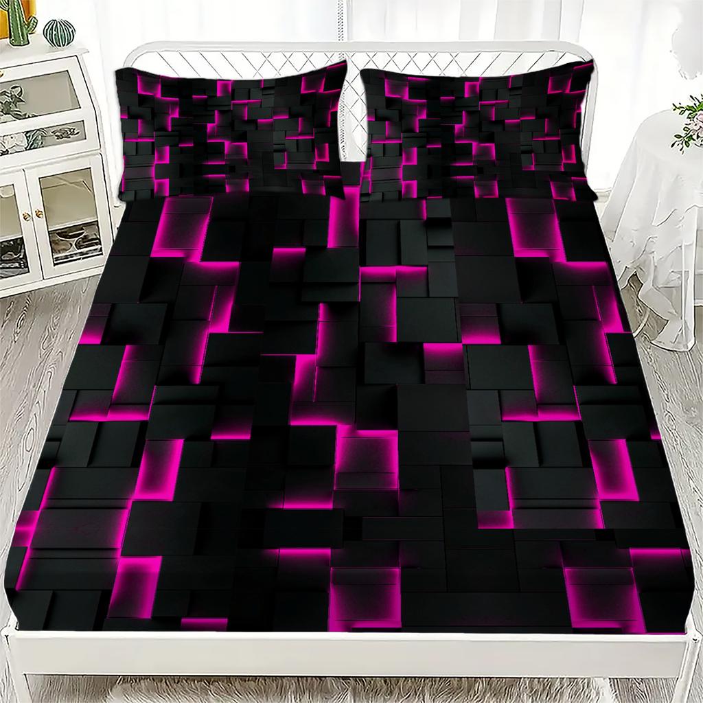 Neon Red Fitted Sheet 1pc Geometric Cube Plaid 3D Printed 100% Polyester Energy Checkered Flat Sheet Set Gifts For Teen Adult